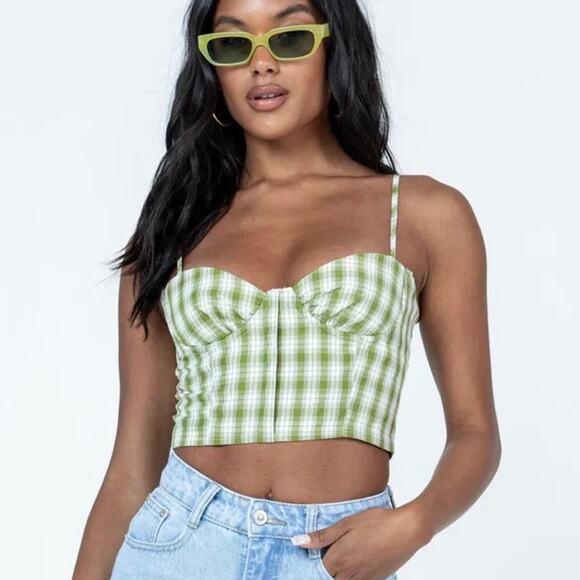 Princess Polly Tuscan Top Green plaid adjustable spaghetti strap sweetheart neck - Picture 9 of 9